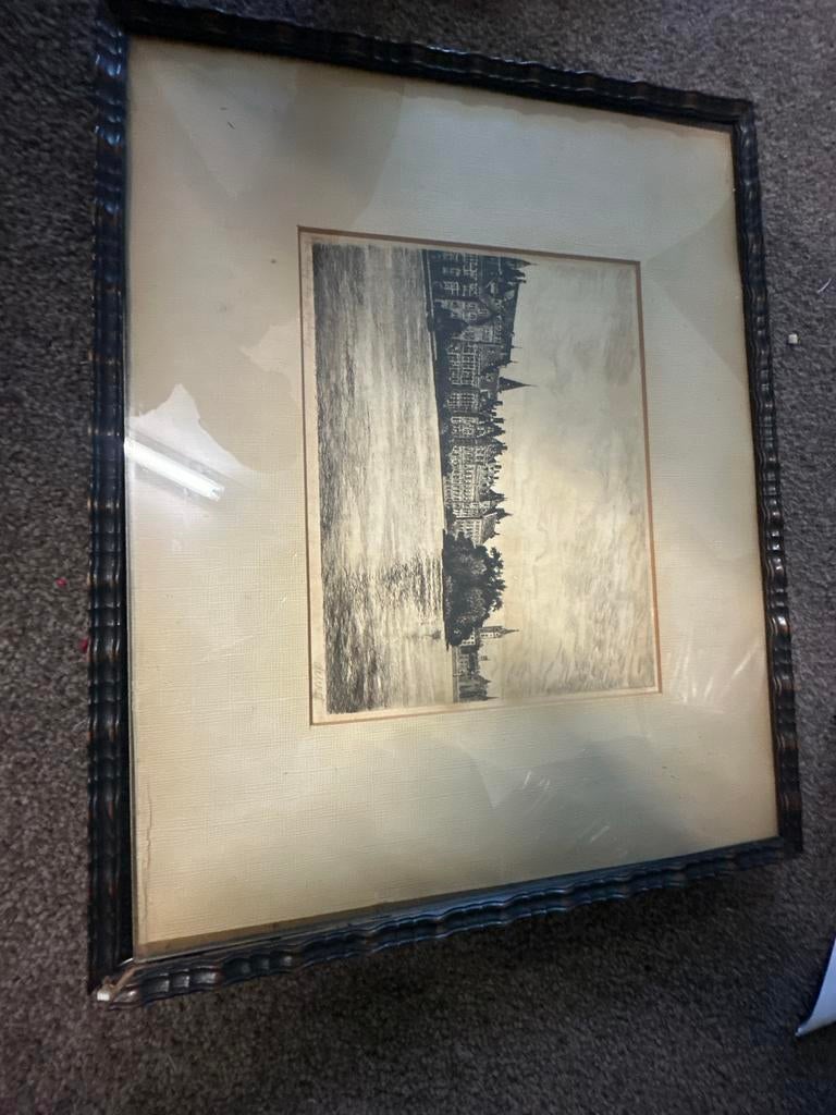 Antieke Ets: Stadsgezicht aan het water, gesigneerd, Antiek en Kunst, Kunst | Etsen en Gravures, 1800 - 1899, Ets, Stadsgezicht