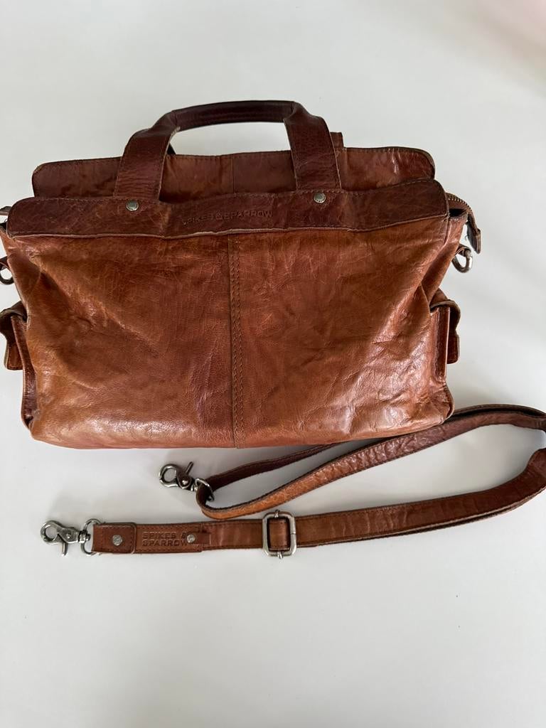 cognac bruin leren tas van Spikes & Sparrow met schouderriem, Verzenden, Zo goed als nieuw, Bruin