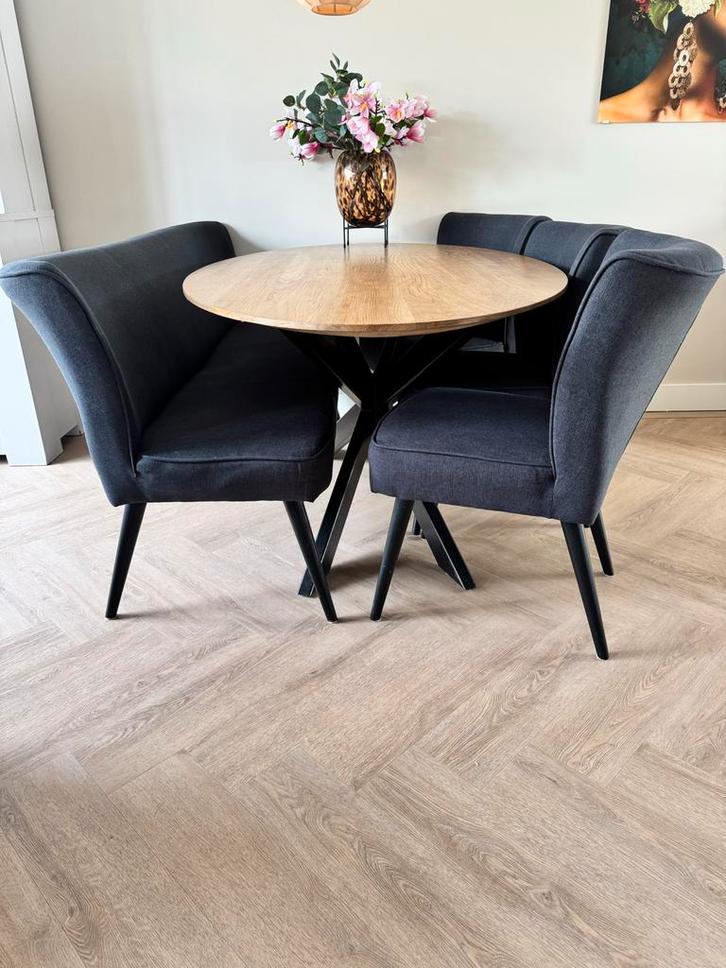 Eetkamerstoelen en eetbank, Huis en Inrichting, Stoelen, Gebruikt, Vijf, Zes of meer stoelen, Stof, Grijs, Ophalen