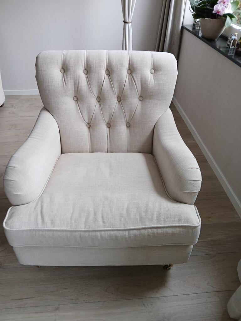 Klassieke fauteuil met linnen bekleding - Zeer netjes, Huis en Inrichting, Fauteuils, Ophalen, Zo goed als nieuw, Stof, 75 tot 100 cm