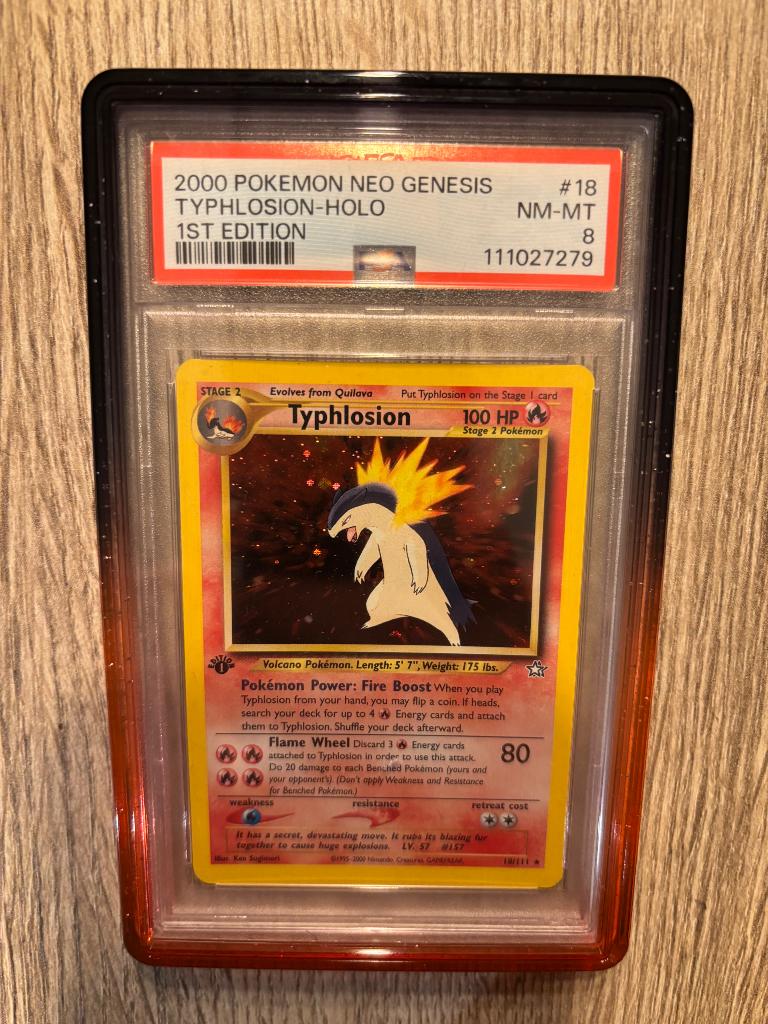 Typhlosion 1st Ed. Holo PSA 8 (Neo Genesis), Ophalen of Verzenden, Zo goed als nieuw, Losse kaart, Foil