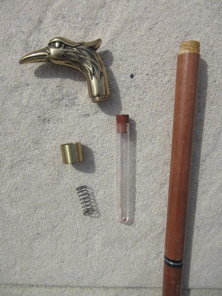 Oude wandelstok met koperen vogel knop en verborgen glas, Ophalen of Verzenden, Gebruikt