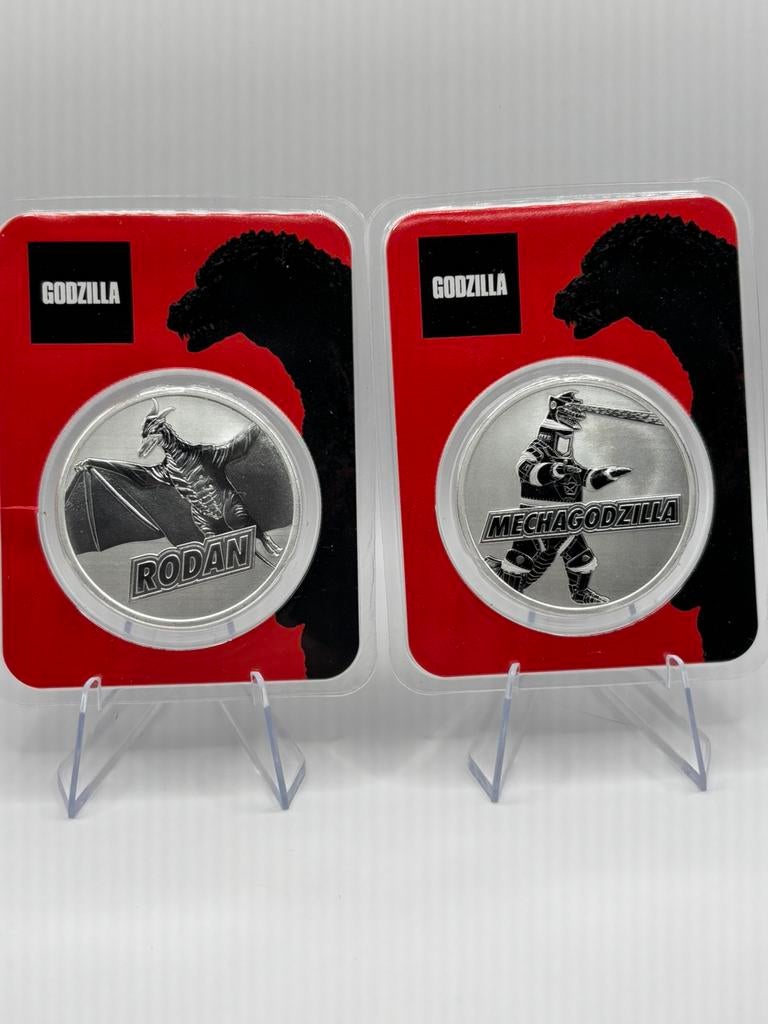 Rodan + megagodzilla in blister 2x 1oz = 2oz zilver godzilla, Postzegels en Munten, Edelmetalen en Baren, Zilver, Ophalen of Verzenden