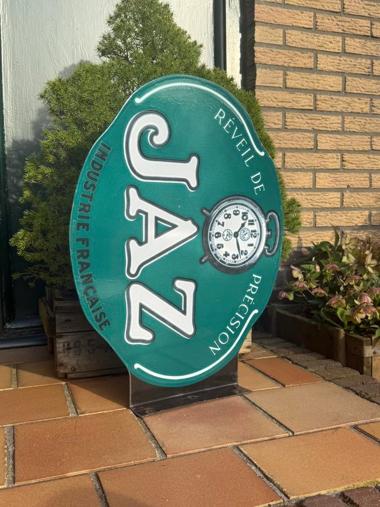 Oud antiek emaille reclamebord reclame bord Jaz horloge klok, Verzamelen, Merken en Reclamevoorwerpen, Ophalen, Zo goed als nieuw