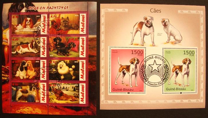 - 724 - 2 Blokken met Honden, 10 zegels., Postzegels en Munten, Postzegels | Thematische zegels, Gestempeld, Dier of Natuur, Verzenden