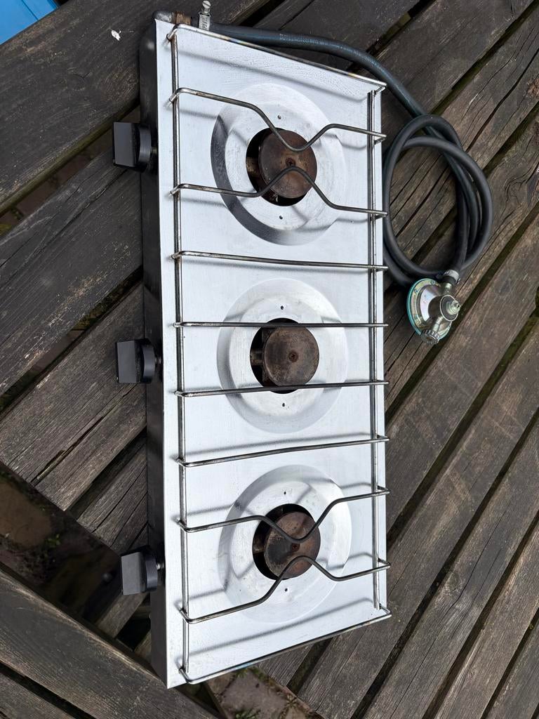 Camping gasfornuis 3-pits met gasslang en drukregelaar, Ophalen, Gebruikt