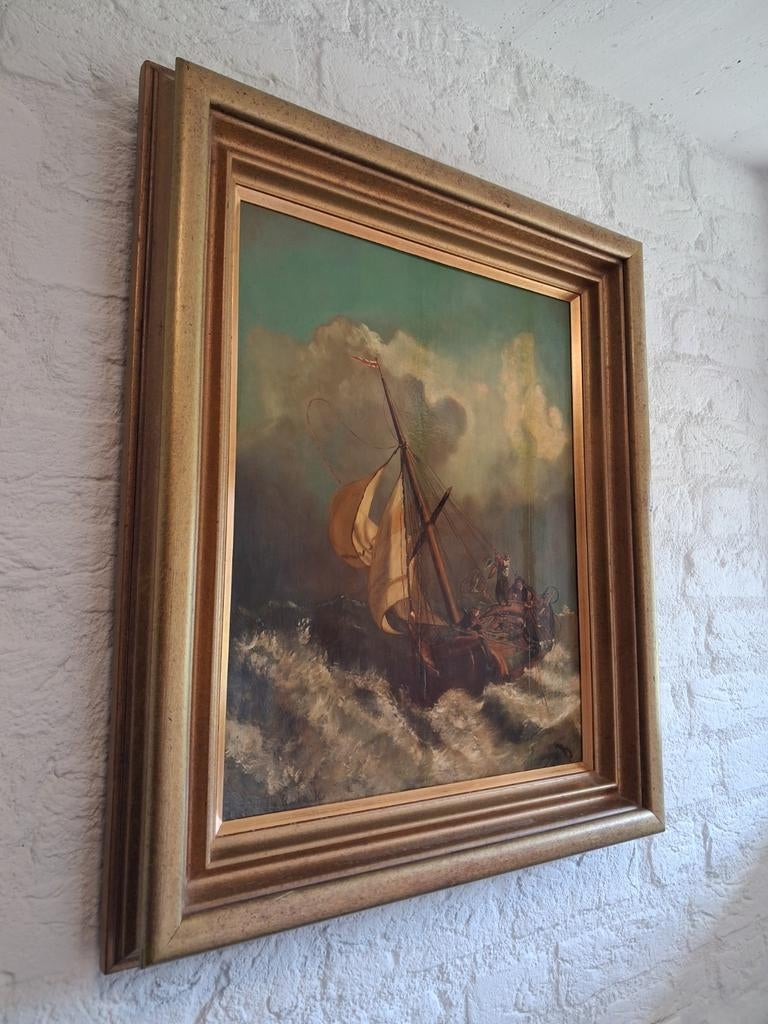 Olieverf Schilderij Jan H.B. Koekkoek - Botter op woeste zee, Antiek en Kunst, Kunst | Schilderijen | Klassiek, Ophalen of Verzenden