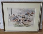 Aquarel van Honfleur gesigneerd r.o. mooi ingelijst, Ophalen of Verzenden