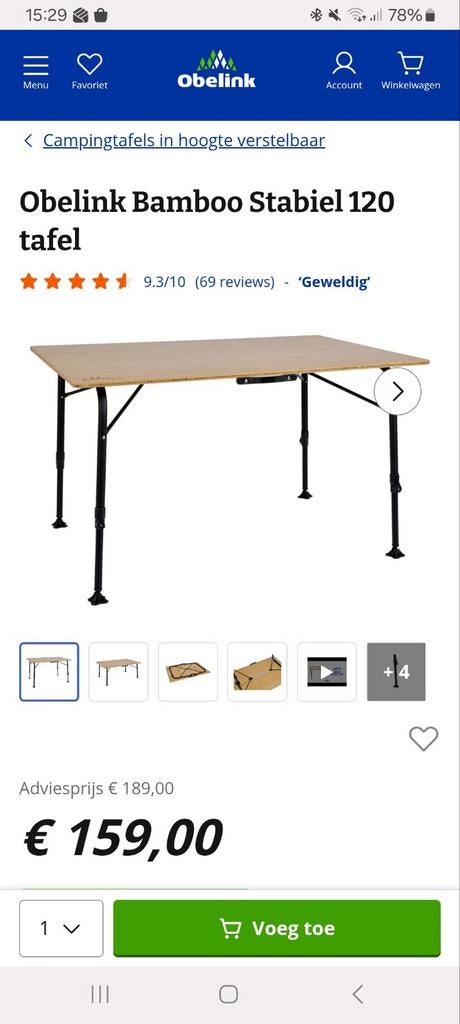 Obelink Bamboo Stabiel 120 Campingtafel - Hoogte Verstelbaar, Ophalen, Campingtafel