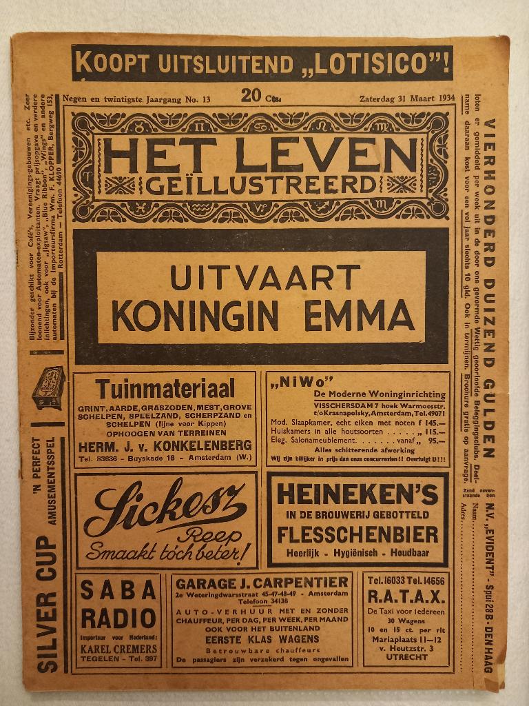 Het leven tijdschrift uitvaart koningin emma ouwehands 1934, Ophalen of Verzenden, Gebruikt, Nederland, Tijdschrift of Boek