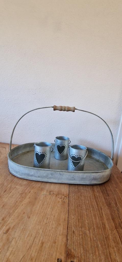 Zinken dienblad met 3 zinken windlichtjes, Ophalen of Verzenden