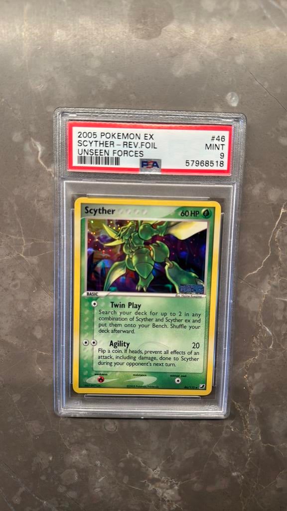 Pokemon EX Unseen Forces Scyther Rev.Foil PSA 9, Ophalen of Verzenden, Zo goed als nieuw, Foil