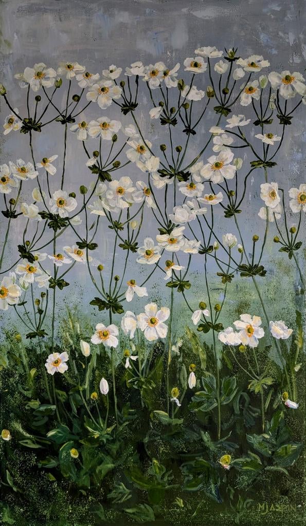 Schilderij Japanse anemoon, olieverf op canvas, Antiek en Kunst, Ophalen