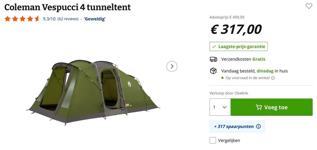 NIEUW Coleman Vespucci 4 tunnentent, Ophalen, Nieuw, Tot en met 4