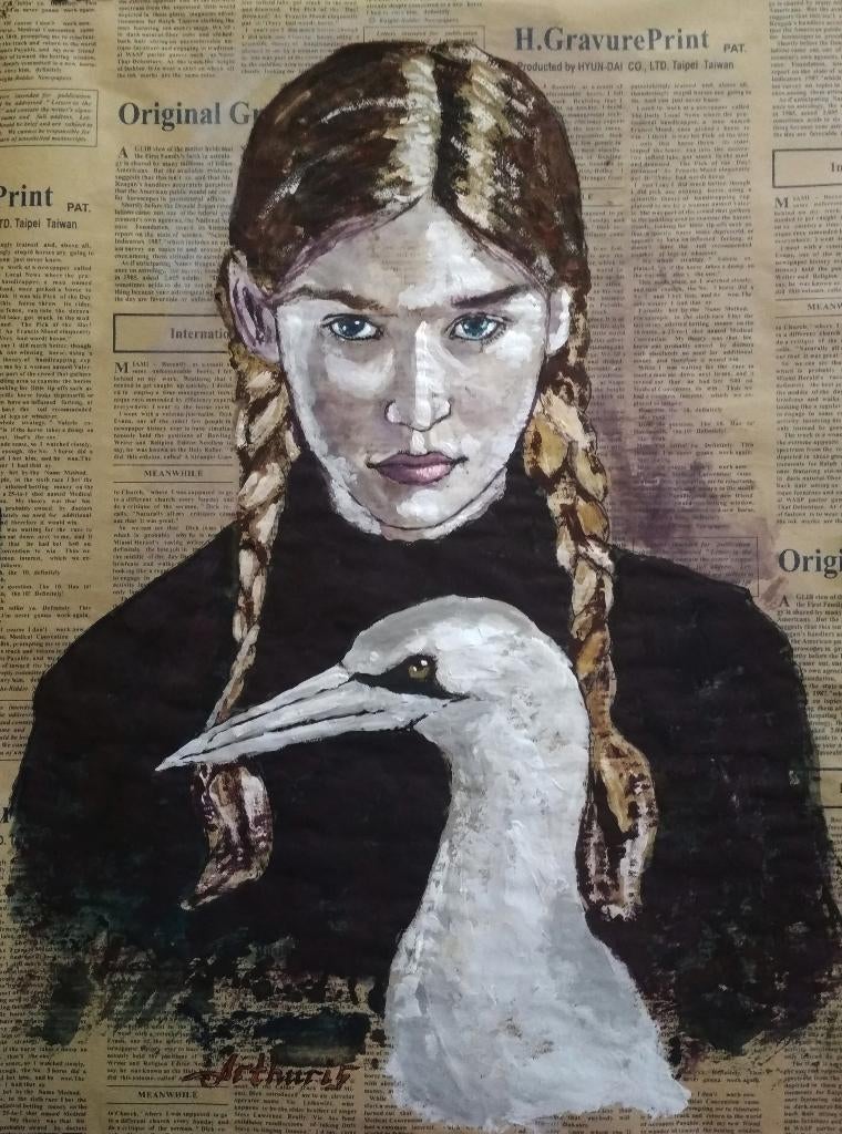 "Meisje en vogel"  Een origineel schilderij, Verzenden