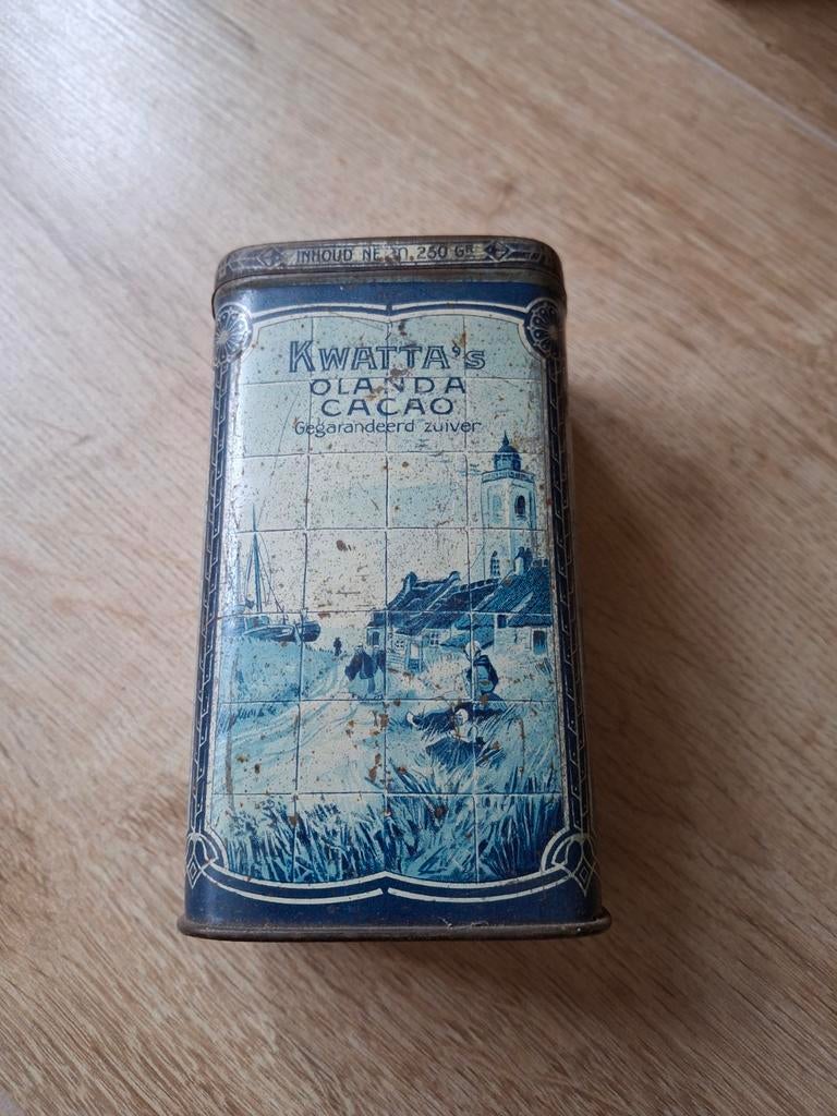 Antiek Kwatta cacao blikje - Delfts blauw tafereel, Ophalen of Verzenden
