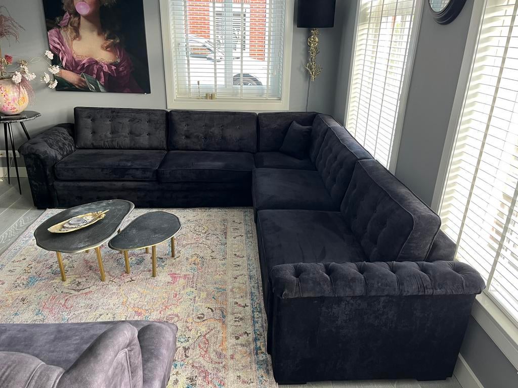 Landelijk zwart velvet bankstel, Ophalen, Zo goed als nieuw, Stof, Landelijk