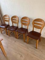 Set van 4 eiken houten stoelen met leren bruine zitting, Gebruikt, Bruin, Ophalen of Verzenden, Vier