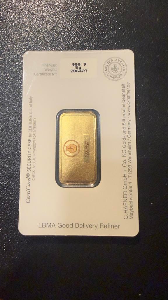 C.Hafner 5 gram goudbaar 999.9 - LBMA gecertificeerd, Postzegels en Munten, Edelmetalen en Baren, Ophalen of Verzenden, Goud