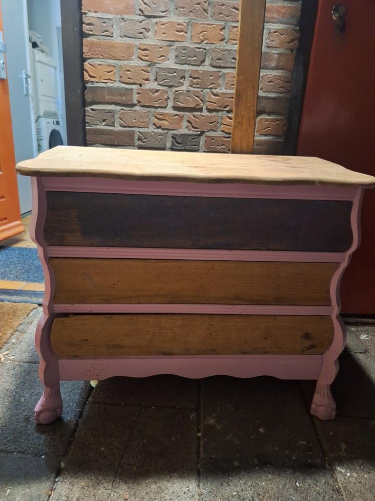 Uniek buikkastje met 3 laden - Roze en hout, Gebruikt, Vintage, Klassiek, Brocante, 3 of 4 laden, Minder dan 100 cm