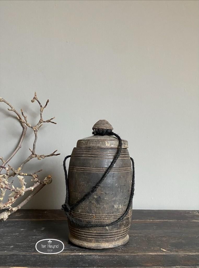 Oude houten kruik met deksel pot hout stoer sober landelijk, Hout, Verzenden, Nieuw, Landelijk