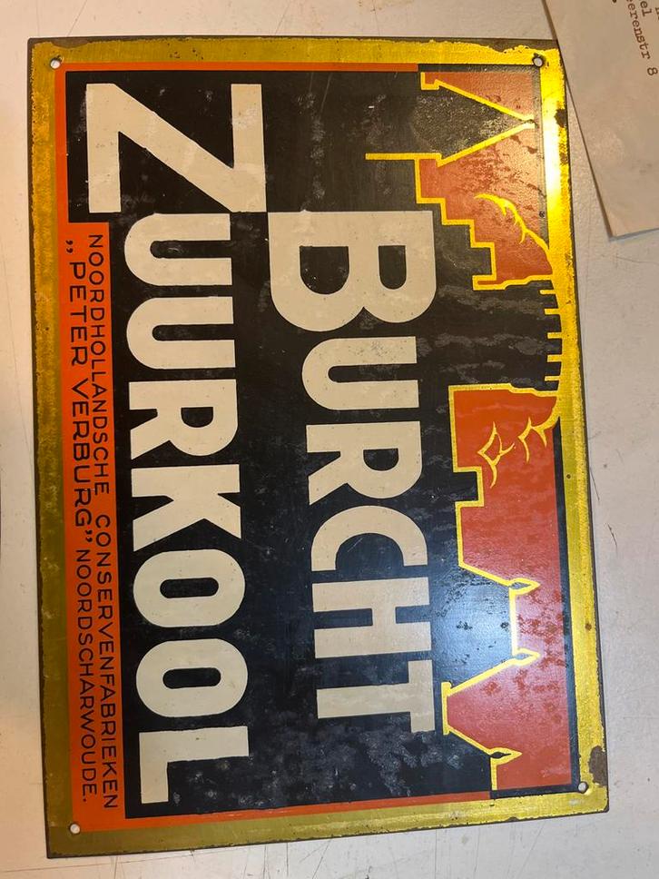 Oud Zuurkool Burcht Reclamebord vintage retro, Antiek en Kunst, Antiek | Wandborden en Tegels, Ophalen of Verzenden