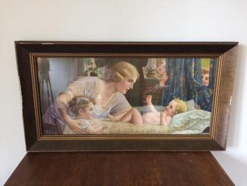 Jaren 50 moeder met haar kindje & baby op commode schilderij