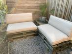 Palletbankjes met kussens, Tuin en Terras, Tuinsets en Loungesets, Gebruikt, Bijzettafel, Tuinset, Ophalen