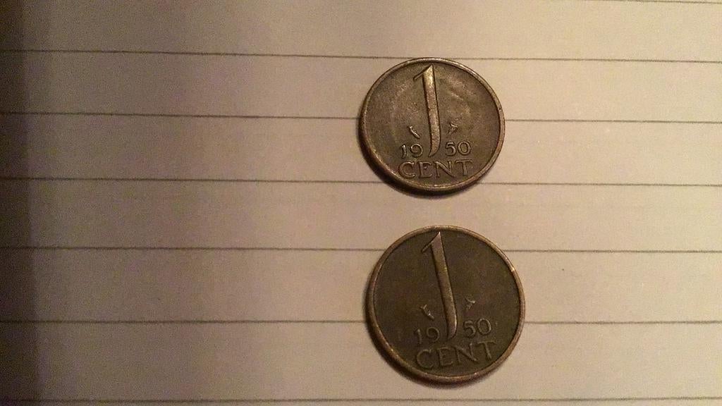 2 munten Nederland 1950 van 1 cent, Postzegels en Munten, Munten | Nederland, Ophalen of Verzenden, Koningin Juliana, Losse munt