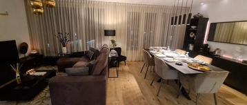 Zwart mangohout eettafel, velvet taupe bank en stoelen