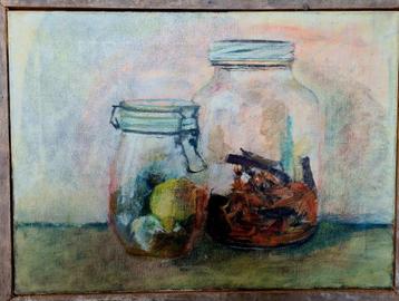 Prachtig schilderij met stilleven van 2 weckpotten, 55x40 cm beschikbaar voor biedingen