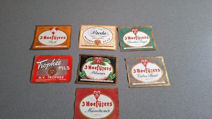 Lot 7 bieretiketten brouwerij de drie hoefijzers Breda, Verzamelen, Biermerken, Gebruikt, Overige merken, Ophalen of Verzenden