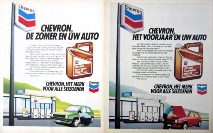 14 vintage advertenties reclames Chevron 1969-81 station, Verzamelen, Merken en Reclamevoorwerpen, Gebruikt, Overige typen, Verzenden