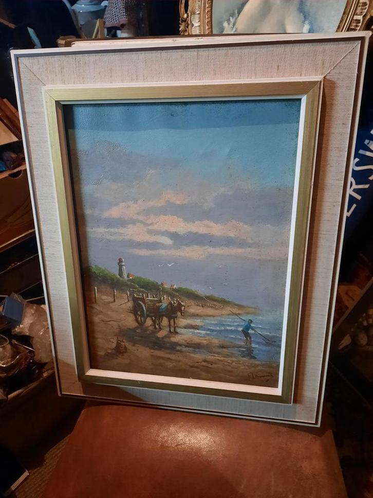 Schilderij: Strandgezicht met paard en wagen, Antiek en Kunst, Kunst | Schilderijen | Klassiek, Ophalen of Verzenden