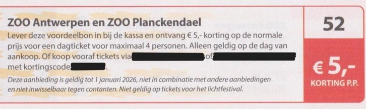 ZOO Antwerpen en ZOO Planckendael € 5,- korting p.p. Bon 52., Tickets en Kaartjes, Recreatie | Dierentuinen, Eén persoon, Kortingskaart