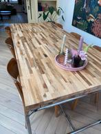 Massief houten tafel 2.20 x 1.00 met stalen onderstel, Ophalen, Gebruikt, 200 cm of meer, 50 tot 100 cm