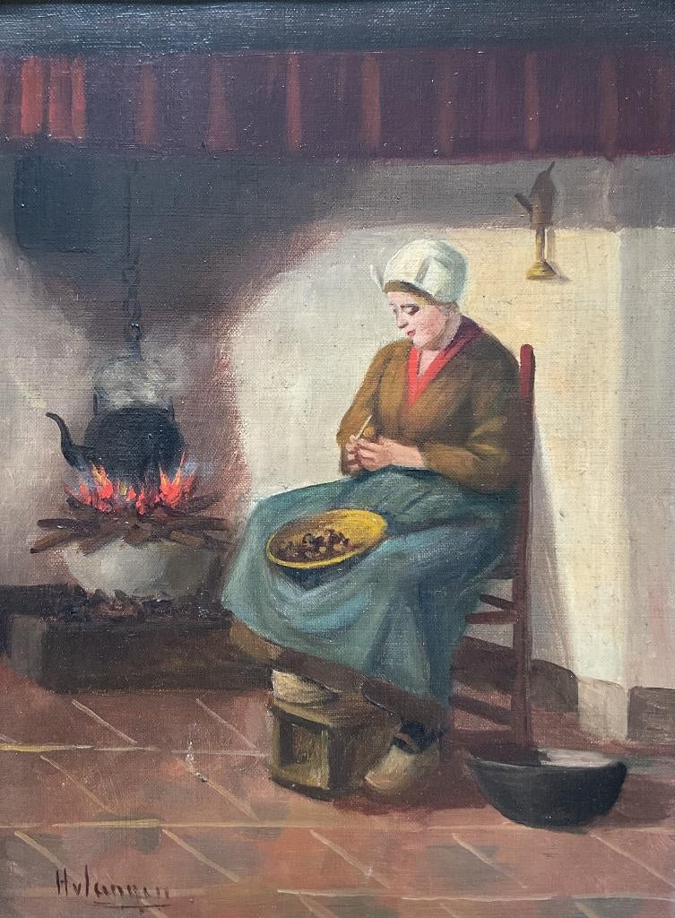 Hendrikus J. van Langen (1874-1964) - Dame bij haardvuur, Antiek en Kunst, Kunst | Schilderijen | Klassiek, Ophalen of Verzenden