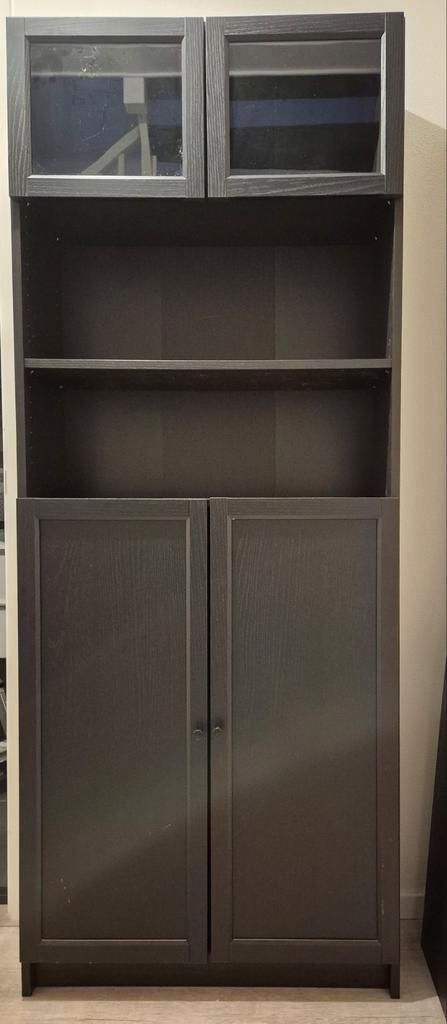Zwarte Billy - Oxberg Ikea incl. paneel en vitrine deuren, Huis en Inrichting, Kasten | Boekenkasten, Gebruikt, 50 tot 100 cm