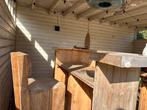 Teak houten bar met 5 krukken, Ophalen, Gebruikt