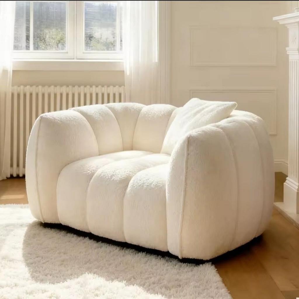 Witte fauteuil in teddy stof, Huis en Inrichting, Fauteuils, 75 tot 100 cm, Ophalen of Verzenden, Zo goed als nieuw, 75 tot 100 cm