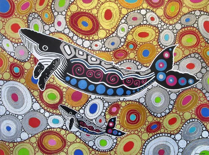 Walvis moeder met kind (Aboriginal) handgeschilderd, Antiek en Kunst, Kunst | Schilderijen | Modern, Ophalen of Verzenden