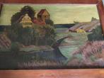 HUIS met stenen brug bij water oud olieverf 92x63 cm € 35, Ophalen of Verzenden