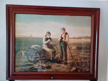 Oude ingelijste prent van boerenkoppel beschikbaar voor biedingen