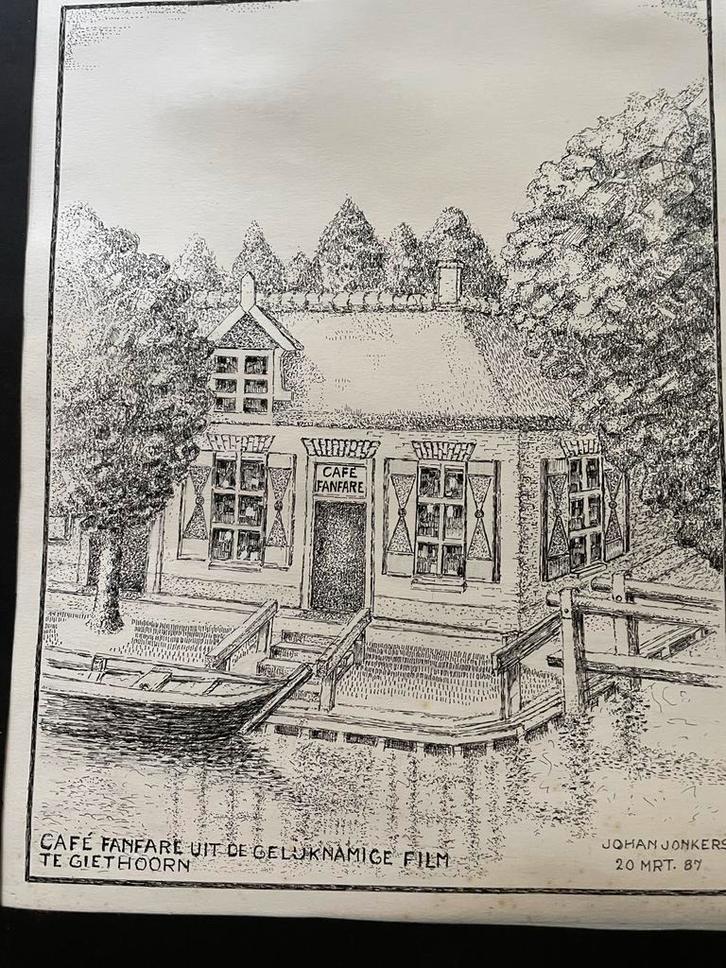 Café Fanfare Giethoorn - Johan Jonkers Tekening, Antiek en Kunst, Kunst | Tekeningen en Foto's, Ophalen of Verzenden