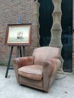 Oude antiek vintage leren moustache clubfauteuil, Huis en Inrichting, Fauteuils, Gebruikt, Ophalen of Verzenden, Leer, 75 tot 100 cm