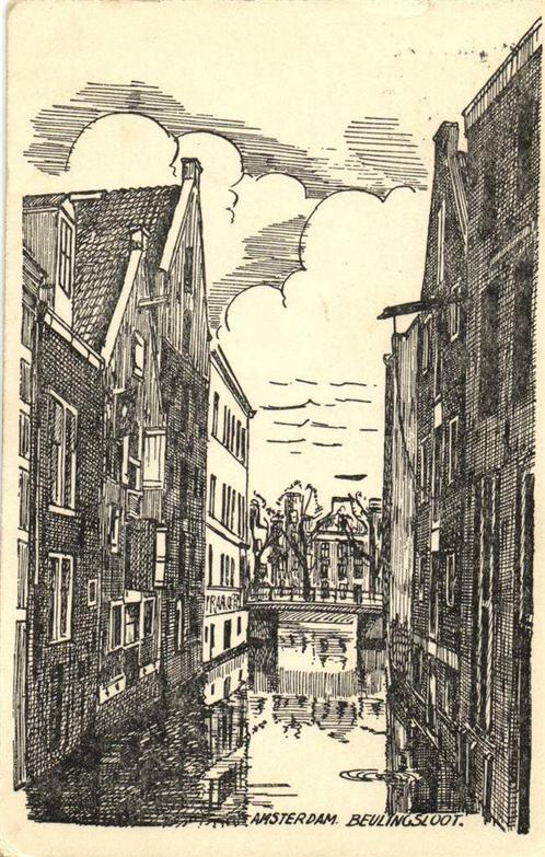 Amsterdam. Beulingsloot. - tekening - 1946 gelopen, Verzamelen, Ansichtkaarten | Nederland, Gelopen, Utrecht, 1940 tot 1960, Ophalen of Verzenden