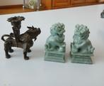 Bronzen ? Kandelaar  En 2x jade ? Stenen beeldje foo dog, Antiek en Kunst, Ophalen of Verzenden