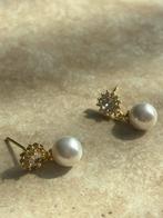 Gouden Oorbellen met Parel diamant bloem, Overige materialen, Verzenden, Wit, Nieuw
