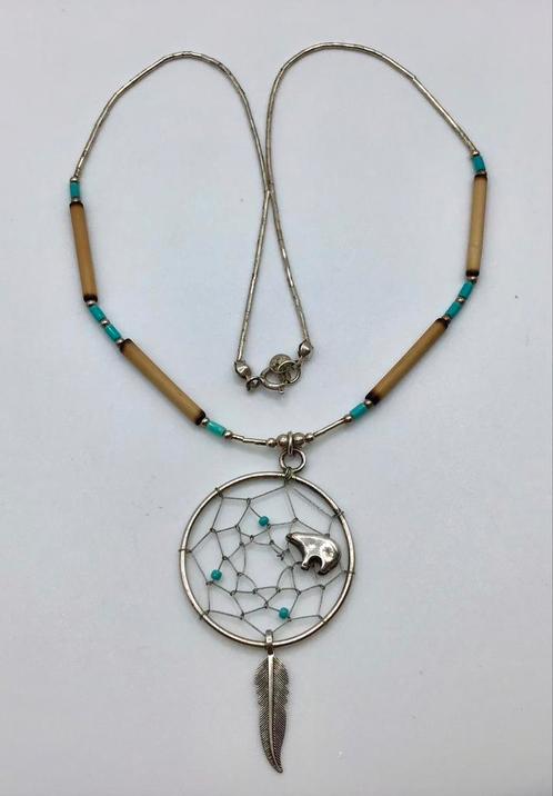 Vintage Navajo ketting zilver turquoise dromenvanger 925, Sieraden, Tassen en Uiterlijk, Antieke sieraden, Ketting, Zilver, Verzenden