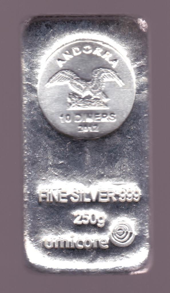 250 gram zilver Umicore "Andorra 10 dinners 2012", Postzegels en Munten, Edelmetalen en Baren, Zilver, Ophalen of Verzenden